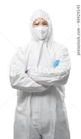Worker wears medical protective suit or white coverall suit folded arm isolated on white Worker wears medical protective suit or white coverall suit folded arm isolated on white 98429145