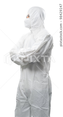 Worker wears medical protective suit or white coverall suit folded arm isolated on white Worker wears medical protective suit or white coverall suit folded arm isolated on white 98429147