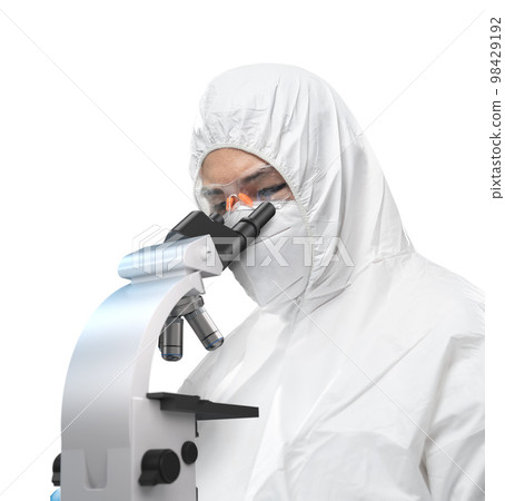 Worker wears medical protective suit or white coverall suit look through microscope isolated on white 98429192