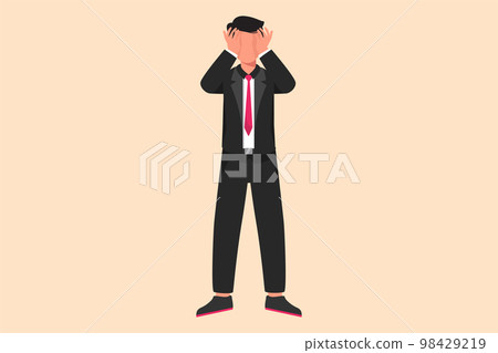 Business flat drawing depressed businessman standing and holding head, feeling headache. Depression disorder, sorrow, disappointment. Stress due to economic crisis. Cartoon design vector illustration 98429219