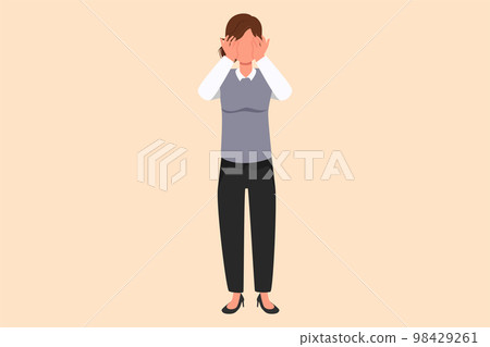 Business flat cartoon style drawing depressed businesswoman standing and holding head, feeling headache. Depression disorder, sorrow. Stress due to economic crisis. Graphic design vector illustration Business flat cartoon style drawing depressed businesswoman standing and holding head, feeling headache. Depression disorder, sorrow. Stress due to economic crisis. Graphic design vector illustration 98429261
