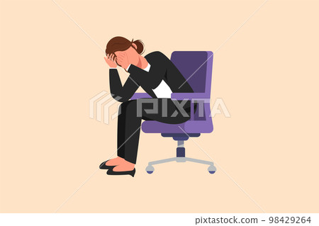 Business design drawing frustrated businesswoman holding head sitting alone on the chair at office. Regret on business mistake, depressed, stupidity, foolish. Flat cartoon style vector illustration Business design drawing frustrated businesswoman holding head sitting alone on the chair at office. Regret on business mistake, depressed, stupidity, foolish. Flat cartoon style vector illustration 98429264