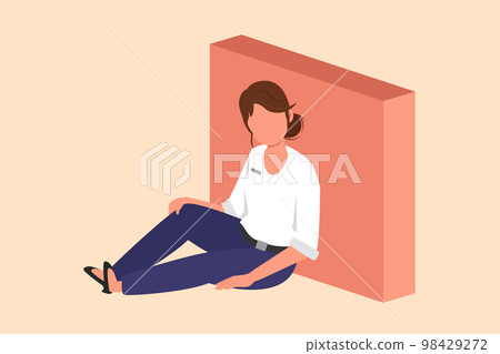 Business flat drawing depressed businesswoman sitting in despair on floor and leaning against wall. Entrepreneur sad gesture expression. Worker burnout syndrome. Cartoon design vector illustration Business flat drawing depressed businesswoman sitting in despair on floor and leaning against wall. Entrepreneur sad gesture expression. Worker burnout syndrome. Cartoon design vector illustration 98429272