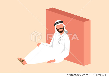 Business design drawing depressed young Arabian businessman sitting in despair on the floor. Entrepreneur sad gesture expression. Professional burnout syndrome. Flat cartoon style vector illustration 98429321