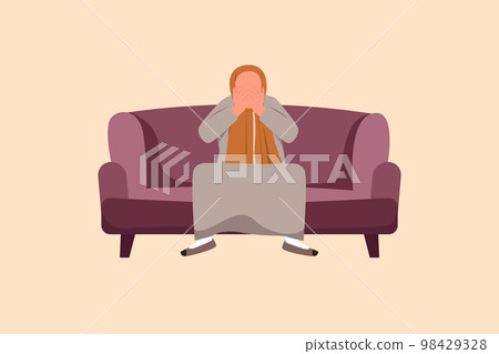 Business design drawing depressed Arab businesswoman sitting on sofa and holding head. Lonely female sitting on couch. Losing job due to economic finance crisis. Flat cartoon style vector illustration 98429328