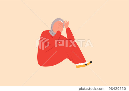 Business flat drawing depressed Arabian businesswoman sitting on the floor. Stressed office worker losing job. Economic financial crisis. Depression people concept. Cartoon design vector illustration 98429330