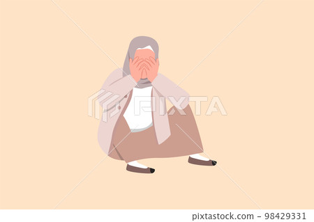 Business flat cartoon style drawing depressed Arab businesswoman cover her face by hands and sitting on the floor. Depression, sorrow, sick, disappointment symptom. Graphic design vector illustration 98429331
