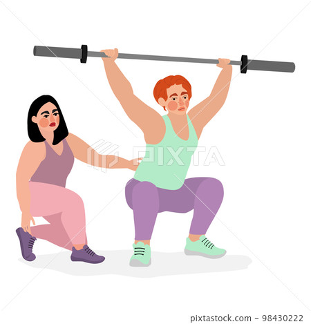 Woman squats with a barbell with personal trainer 98430222