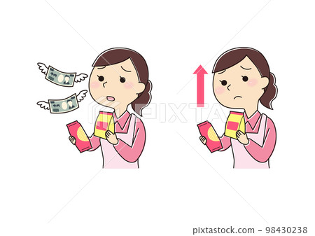 Stock Illustration: A housewife who is worried about price increases due to soaring wheat prices Stock Illustration: A housewife who is worried about price increases due to soaring wheat prices 98430238