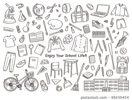 Illustration set of stationery and tools for middle school, high school, etc. line drawings 98430454