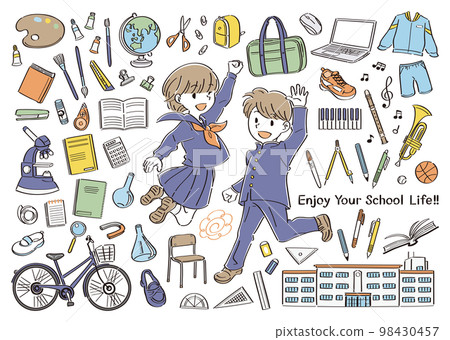 Illustration set of boys and girls in uniforms jumping with stationery and tools for school life such as junior high school and high school 98430457