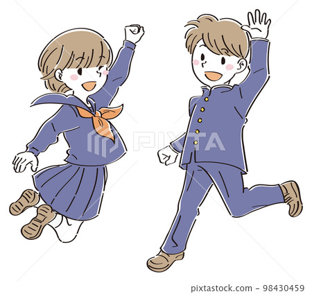 Boys and girls in uniform jumping with a smile 98430459