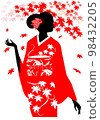 Silhouette of a woman in a kimono and autumn leaves 98432205