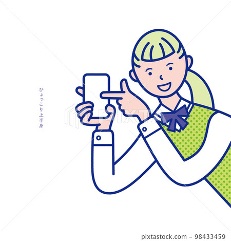 Illustration material of an image in which the upper body of a female student holding a smartphone pops out from the side Illustration material of an image in which the upper body of a female student holding a smartphone pops out from the side 98433459