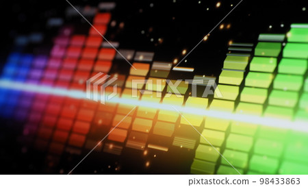 Sound equalizer. Wave pattern of music sounds element on monitor screen. Digital equalizer. Modern song equalisers dark background. Colorful waveform of musical soundtrack. Music equalizers display. 98433863