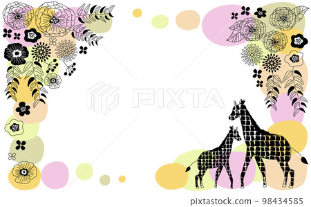 Cute hand-drawn frame of Scandinavian flowers and giraffe parent and child 98434585