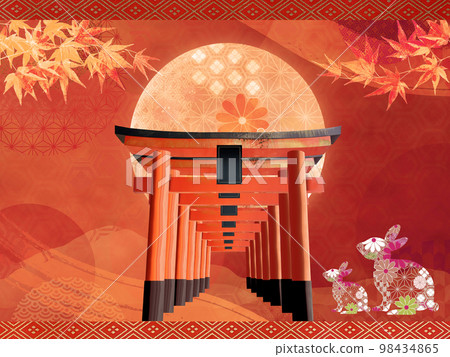 日本圖案鳥居門和生肖兔的紅色日本紙,花卉圖案滿月日本材料 日本圖案鳥居門和生肖兔的紅色日本紙,花卉圖案滿月日本材料 98434865