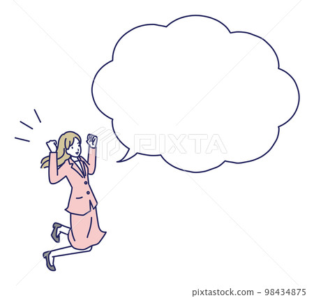 一個穿著西裝、用膽量姿勢跳躍的女人的講話泡泡 一個穿著西裝、用膽量姿勢跳躍的女人的講話泡泡 98434875
