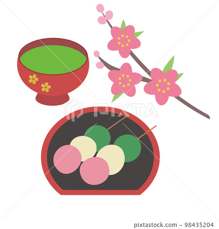 Tricolor dumplings, matcha green tea and peach blossoms 98435204
