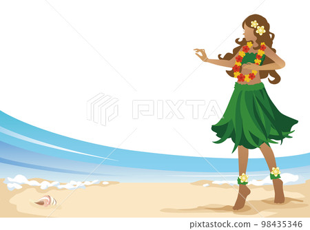 Scene of hula girls dancing hula against the blue ocean of Hawaii Scene of hula girls dancing hula against the blue ocean of Hawaii 98435346