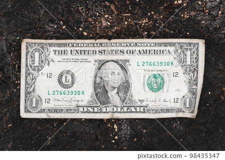 One American dollar. Dollar banknote. Aged dollar. One dollar close-up. One American dollar. Dollar banknote. Aged dollar. One dollar close-up. 98435347