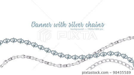 Horizontal web banner with abstract pattern of hand-drawn sketch silver chain isolated on white background 98435589