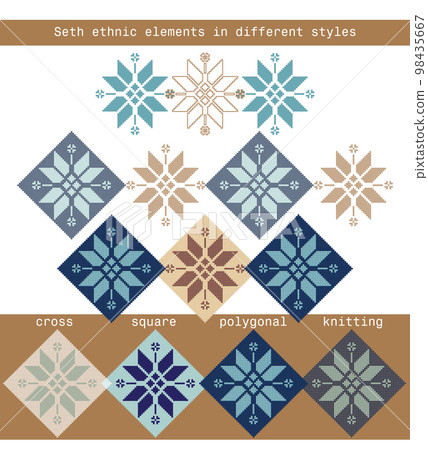 Set ethnic elements in different styles - cross, square, polygonal, knitted Set ethnic elements in different styles - cross, square, polygonal, knitted 98435667
