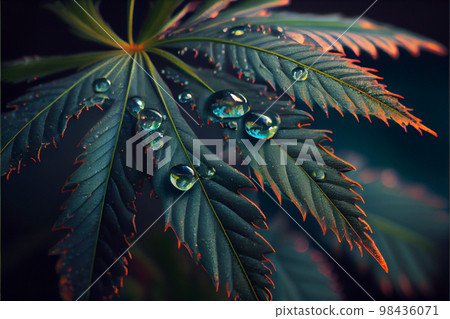 Rain drops on Young shoot of wild marijuana plant with first leaves on background of the soil. 98436071