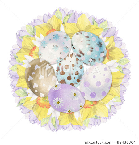 Watercolor hand drawn Easter celebration clipart. Nest wreath with painted eggs, leaves, flowers, pastel color. Isolated on white background. For invitations, gifts, greeting cards, print, textile 98436304