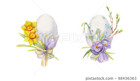 Watercolor hand drawn Easter celebration clipart. Painted eggs in porcelain cups with leaves, flowers, pastel color Isolated on white background. For invitations, gifts, greeting cards, print, textile Watercolor hand drawn Easter celebration clipart. Painted eggs in porcelain cups with leaves, flowers, pastel color Isolated on white background. For invitations, gifts, greeting cards, print, textile 98436363