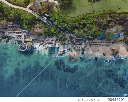 Aerial view of cafe at ocean coastline 98436601