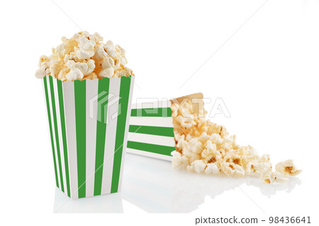 Two green white striped carton buckets with tasty cheese popcorn, isolated on white background 98436641