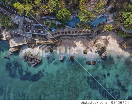 Aerial view of cafe at ocean coastline 98436764