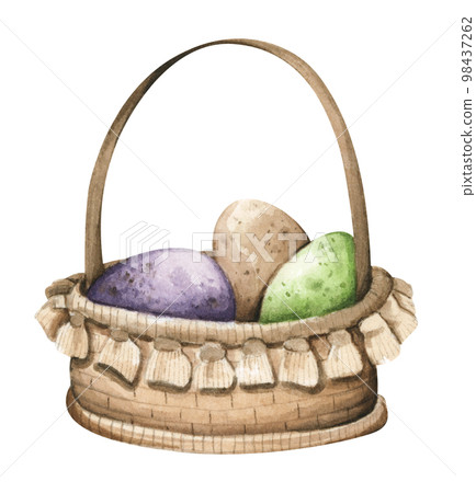Colorful easter eggs in basket. Design elements for holiday cards. Happy Easter. Watercolor illustration. 98437262