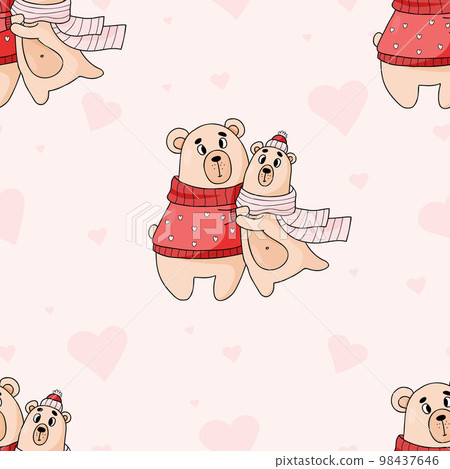 Love seamless pattern. Cute enamored bears in winter clothes on pink background with hearts. Vector illustration. Endless background for valentines, wallpapers, packaging, print. 98437646
