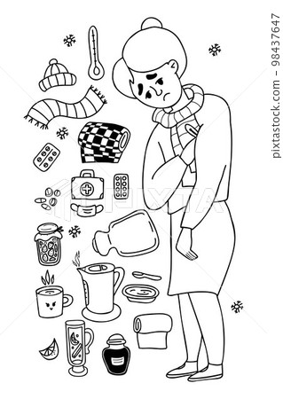 Collection illness elderly man. Sick pensioner old woman with thermometer and pills, scarf, hat, blanket, jam, kettle and hot tea, mulled wine, heating pad. Isolated vector line doodles 98437647