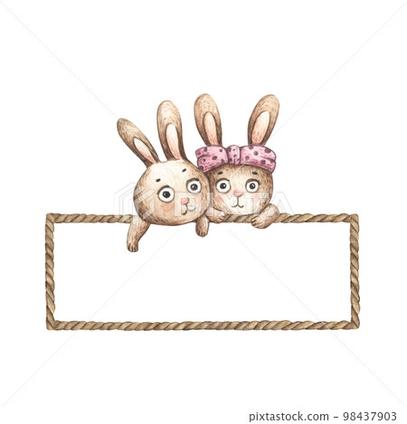 Cute Rabbits with brown rope frame. Watercolor illustration. Cute Rabbits with brown rope frame. Watercolor illustration. 98437903