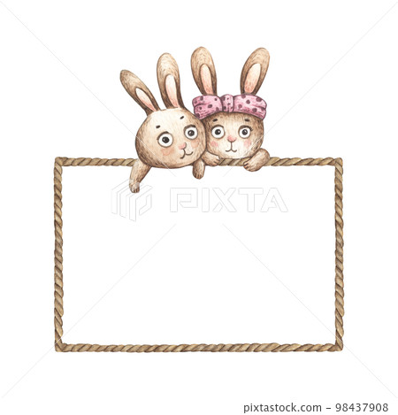 Cute Rabbits with brown rope frame. Watercolor illustration. Cute Rabbits with brown rope frame. Watercolor illustration. 98437908