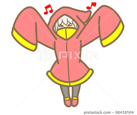 穿一件紅色雨衣的快樂的女孩 穿一件紅色雨衣的快樂的女孩 98438504