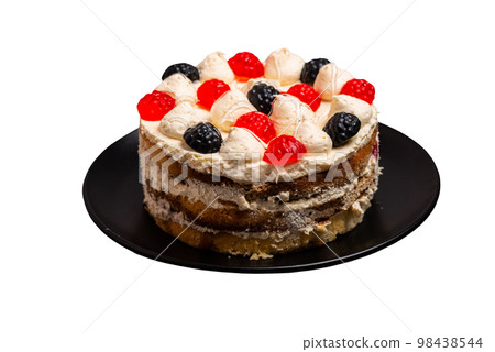 Delicious birthday layer cake filled with mascarpone cream and decorated jelly sweets on isolated background Delicious birthday layer cake filled with mascarpone cream and decorated jelly sweets on isolated background 98438544