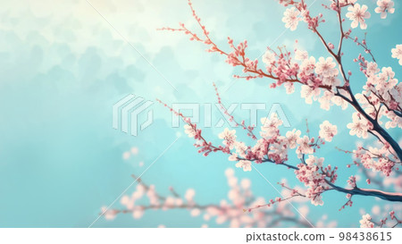 Beautiful cherry blossom or sakura tree branches on blue sky with copy space background in spring season. 98438615