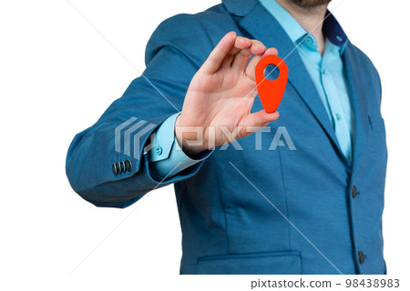 Businessman holding a red location pin pointer Businessman holding a red location pin pointer 98438983