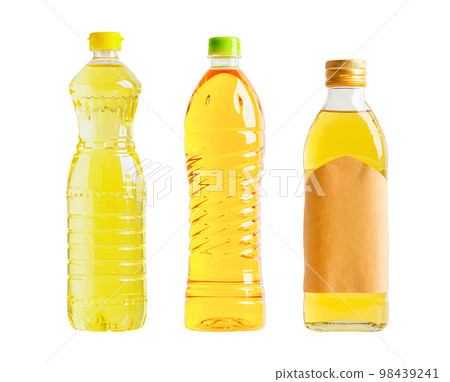 Vegetable oil glass bottle isolated on white background with clipping path, organic healthy food for cooking. 98439241
