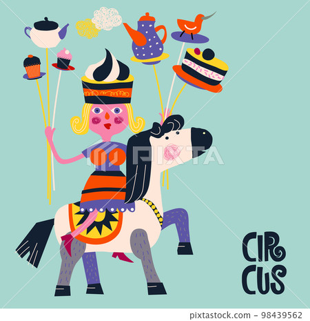 poster for a cafe where a woman juggler riding a circus horse. Woman acrobat juggle with plate, cakes 98439562