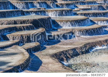 Small waterfalls of the mountain river. 98439577