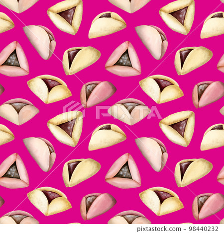 Purim hamantaschen cookies seamless pattern on bright pink. Jewish traditional holiday food watercolor illustration Purim hamantaschen cookies seamless pattern on bright pink. Jewish traditional holiday food watercolor illustration 98440232