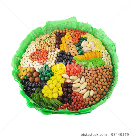 Big bouquet of various nuts, candied fruits and dried fruits isolated 98440379