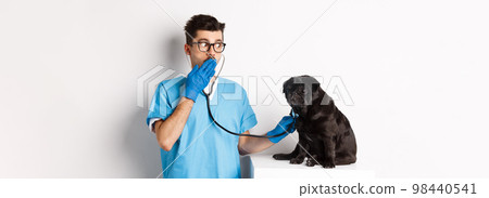 Shocked doctor in vet clinic examining dog with stethoscope, gasping amazed while cute black pug sitting still on table, white background Shocked doctor in vet clinic examining dog with stethoscope, gasping amazed while cute black pug sitting still on table, white background 98440541