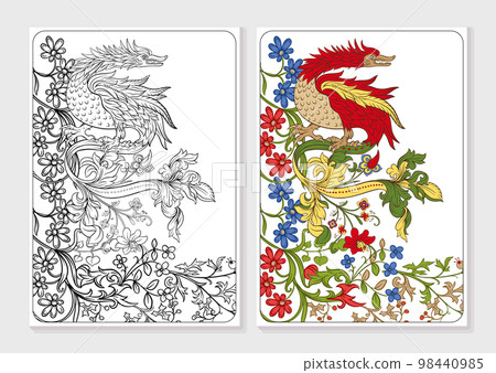 Floral and animal vintage Medieval illuminati manuscript inspiration 98440985