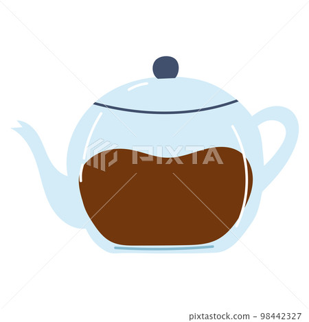 Hand drawn teapot with coffee or tea. Flat vector illustration of kitchenware, kettle icon Hand drawn teapot with coffee or tea. Flat vector illustration of kitchenware, kettle icon 98442327